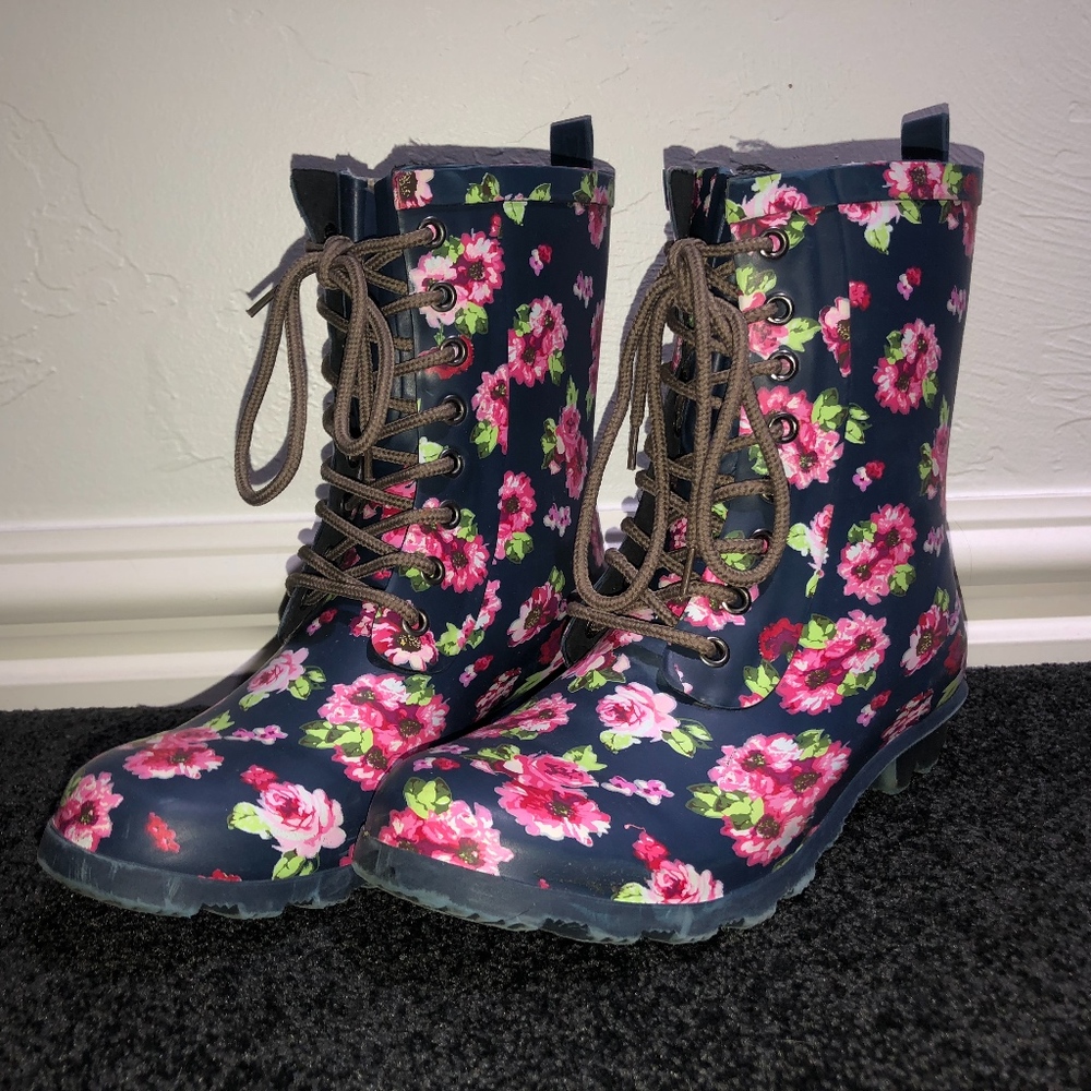 Pink Flower and Navy Rain Boots